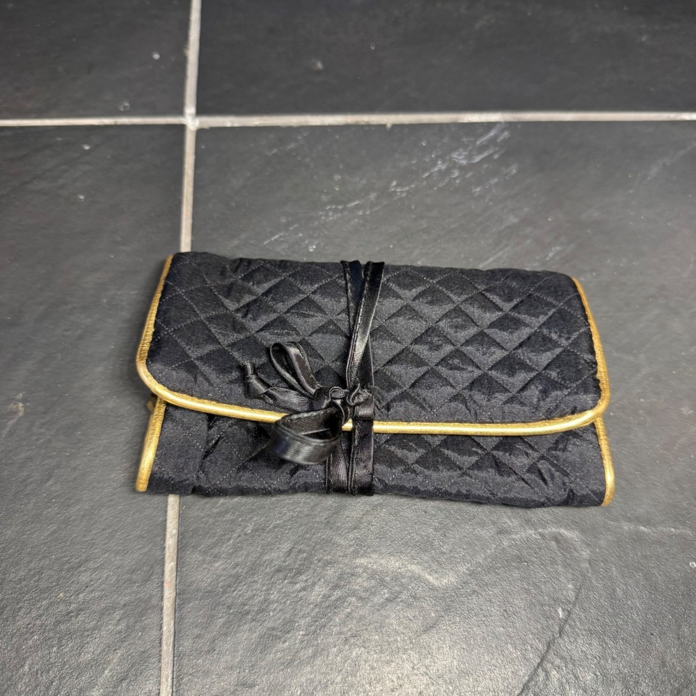 Schildkraut Black Quilted Jewelry Roll Travel Organizer Gold Trim Ribbon Tie‎